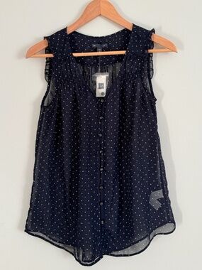 GAP Navy Polka Dot Sleeveless Top | Ruffled Sleeves | Sheer | Size S
